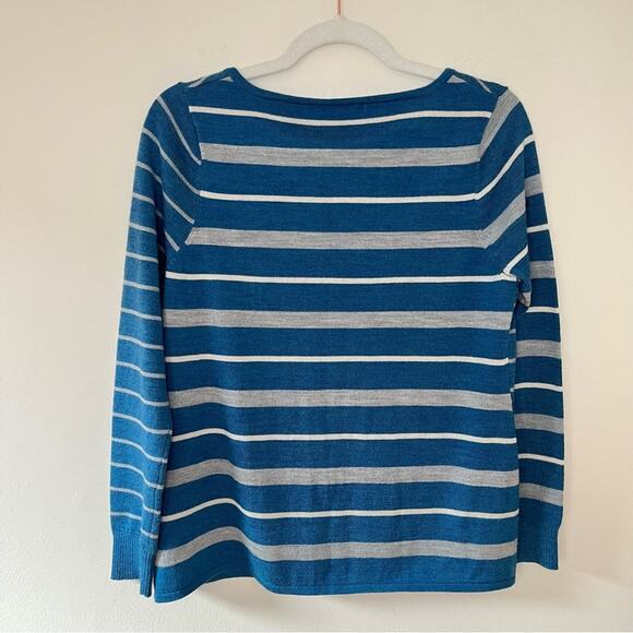 Smartwool Merino Wool Blend V-Neck Split Stripe Relaxed Sweater Blue White - Picture 6 of 8